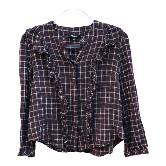 Madewell Purple Windowpane Plaid Ruffle Long Sleeve Top Medium - Picture 4 of 13
